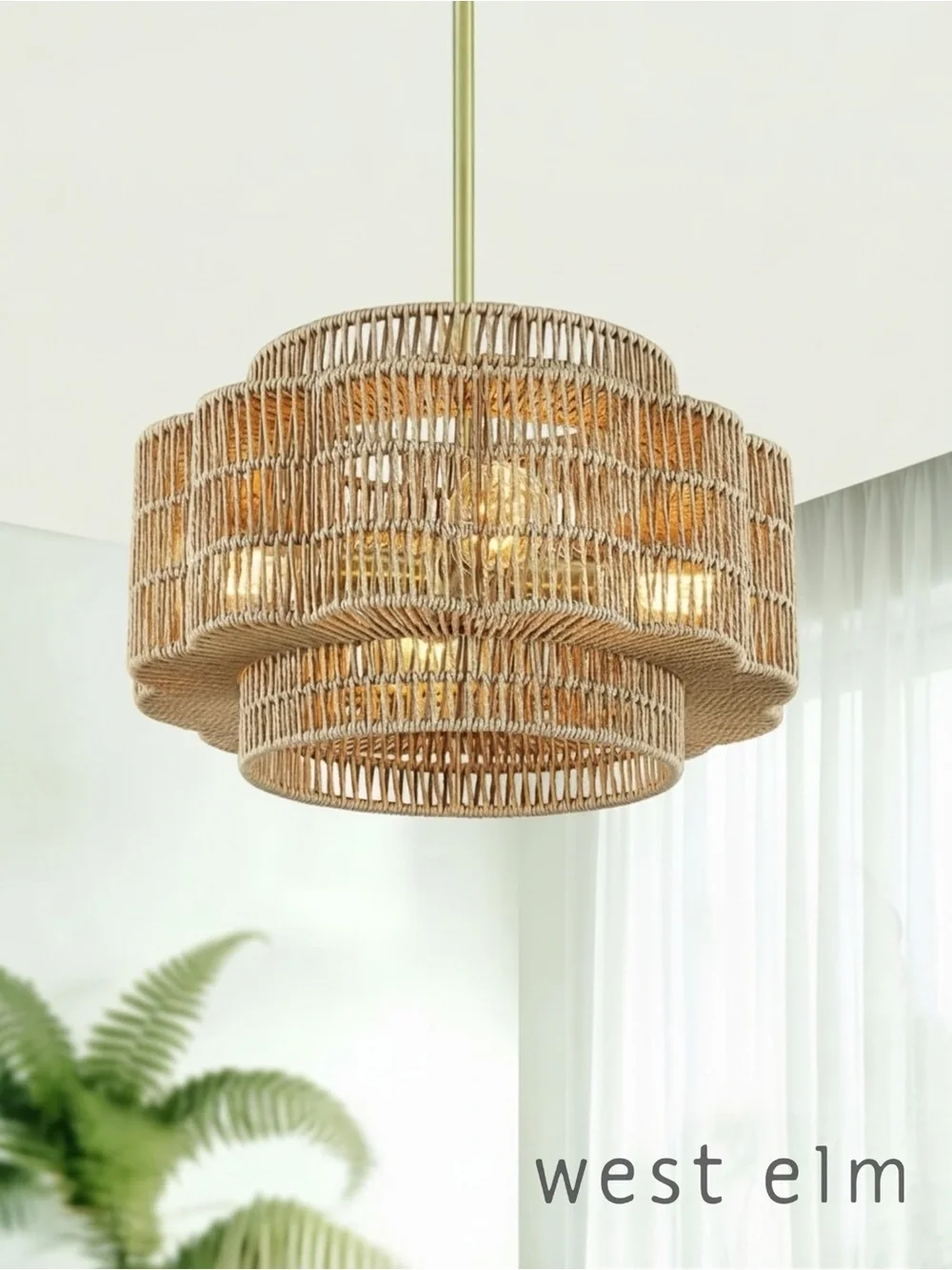 NEW West Elm XL 4-Light Petal Boho Rattan Woven Chandelier Hanging Light Fixture